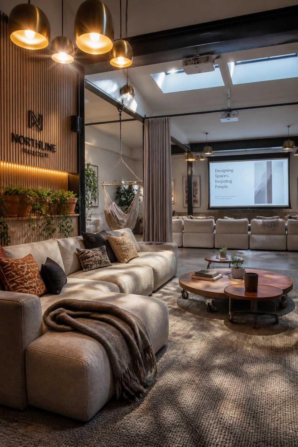 A modern corporate lounge features a large beige sectional sofa with pillows, a hanging fabric hammock chair, round wooden coffee tables, pendant lights, a projector screen, and a wood-slatted wall with a company logo.