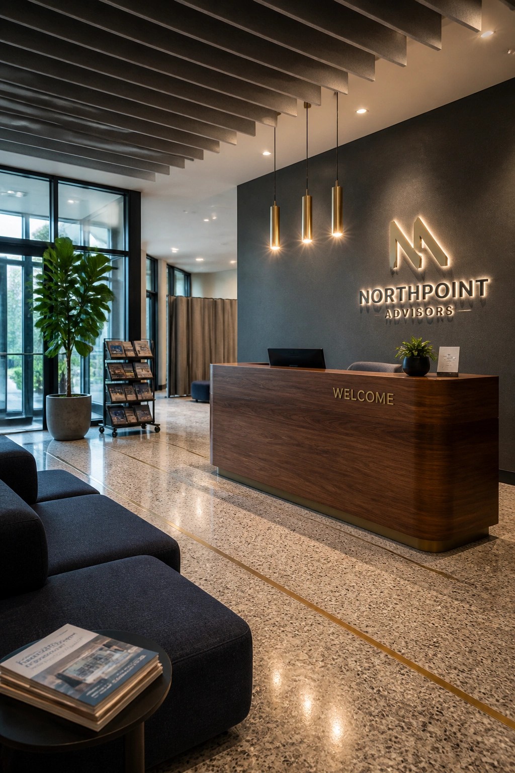 A modern office reception area with a dark gray accent wall displaying an illuminated logo and company name, three cylindrical pendant lights hanging above a wooden desk.