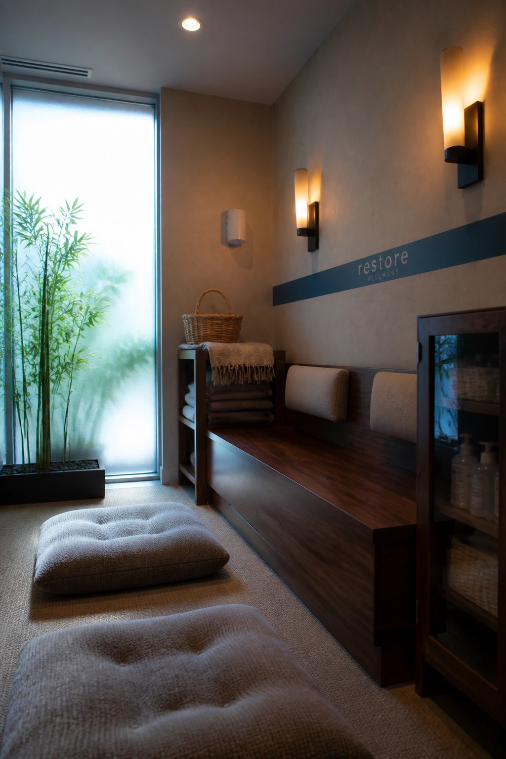 An interior wellness room with a long wooden bench, two floor cushions, wall sconces, a large window with bamboo plants, and the words