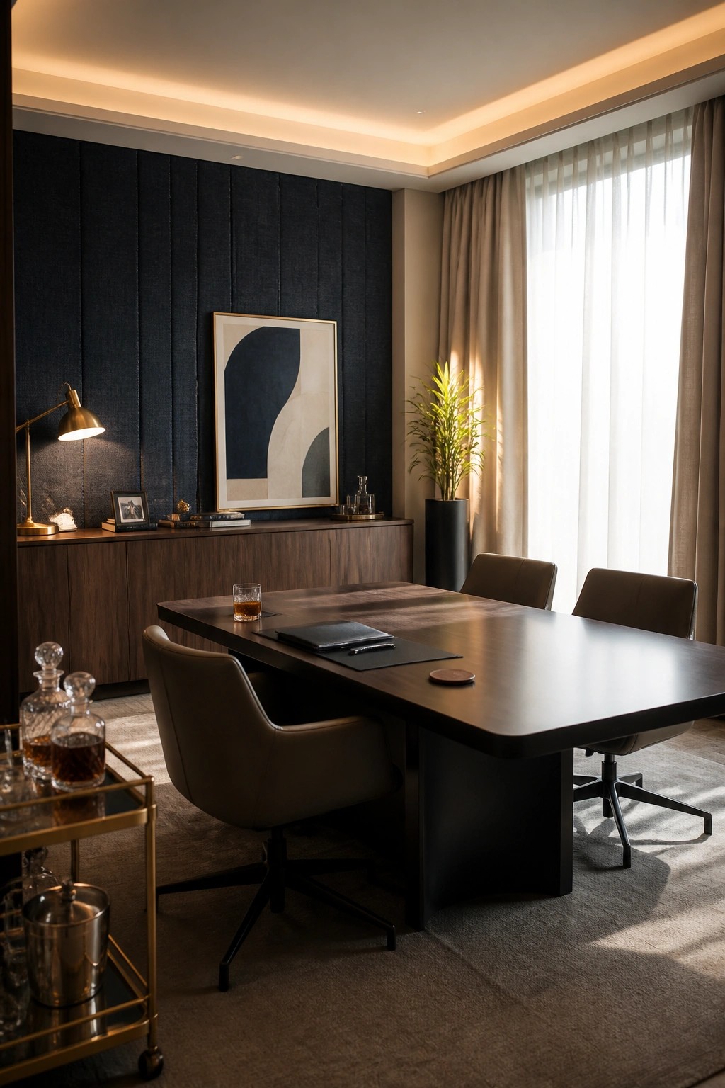 Modern boardroom with dark wood table, leather chairs, blue accent wall, and sunlight.