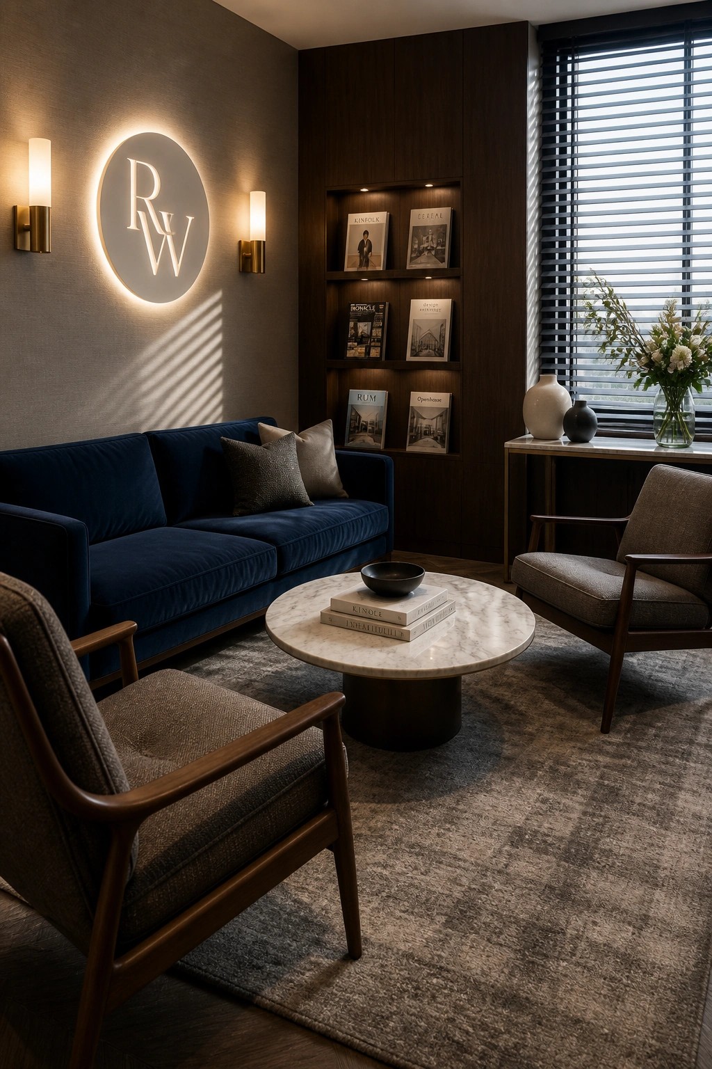 A modern office lounge featuring a blue velvet sofa, marble coffee table, upholstered armchairs, built-in shelving with books, and a large illuminated circular logo on the wall.