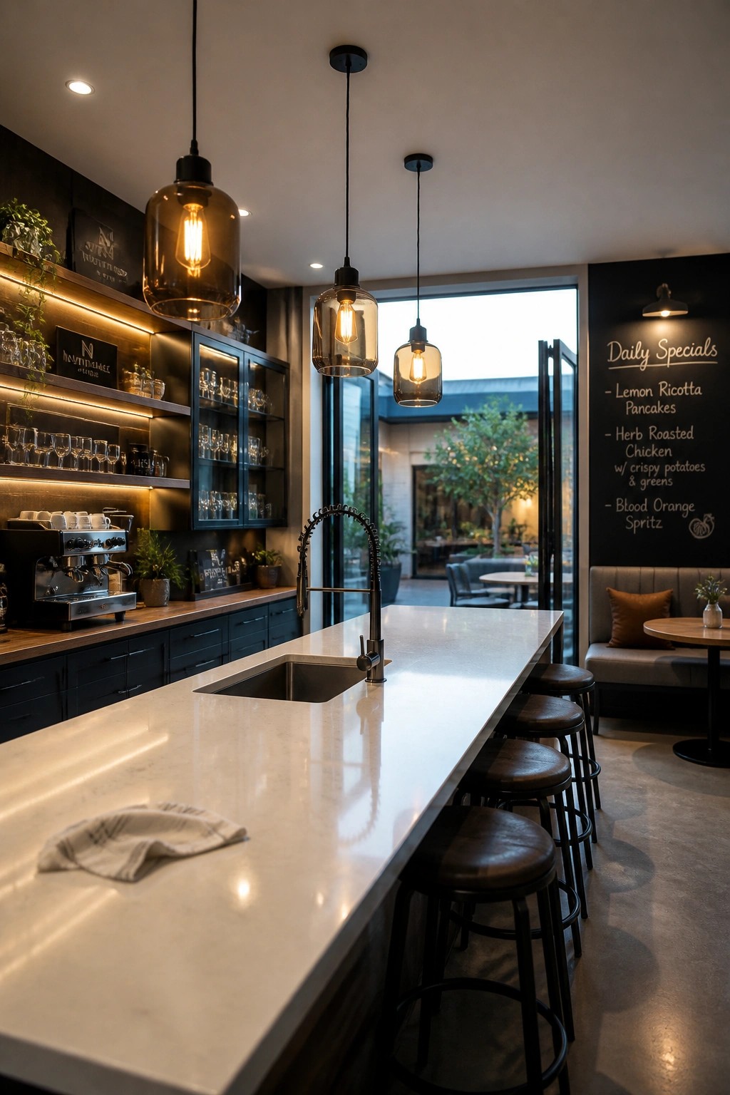 A modern interior with a long white marble counter, black bar stools, pendant lights, coffee equipment, and a chalkboard menu on the right wall.