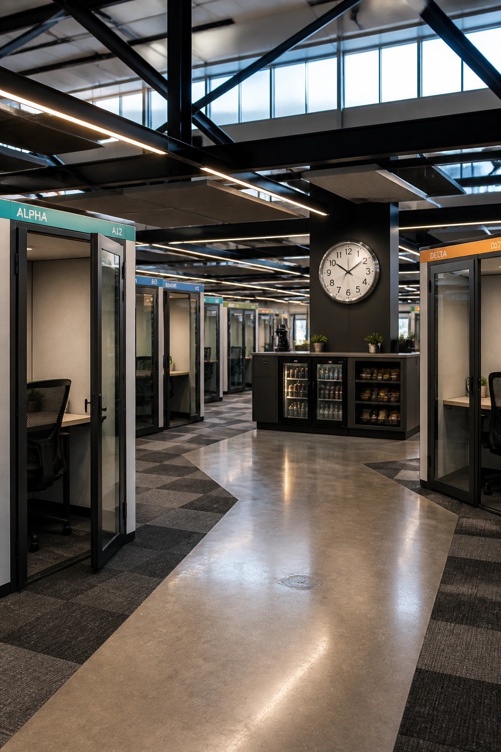 Modern open office interior showing several glass-enclosed work pods labeled Alpha and Delta, a large wall clock on a pillar, and a snack station with beverage coolers along a polished concrete walkway.