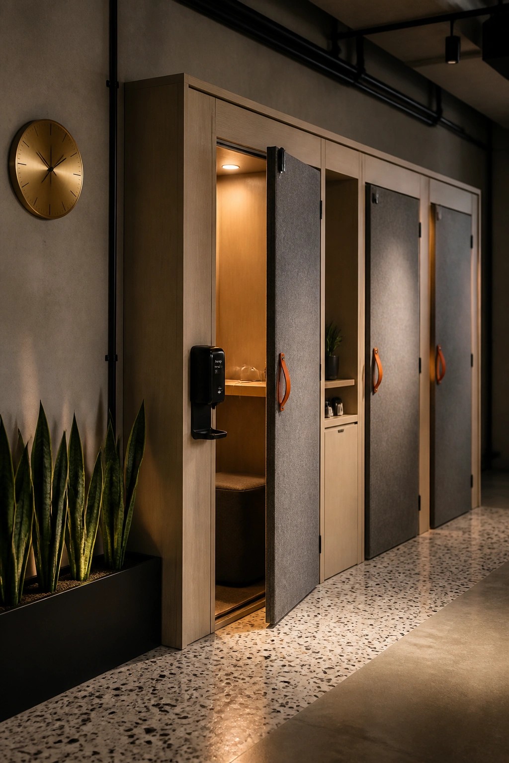 Modern office hallway lined with wooden-framed pods, one door open to reveal a small lit interior with seating.