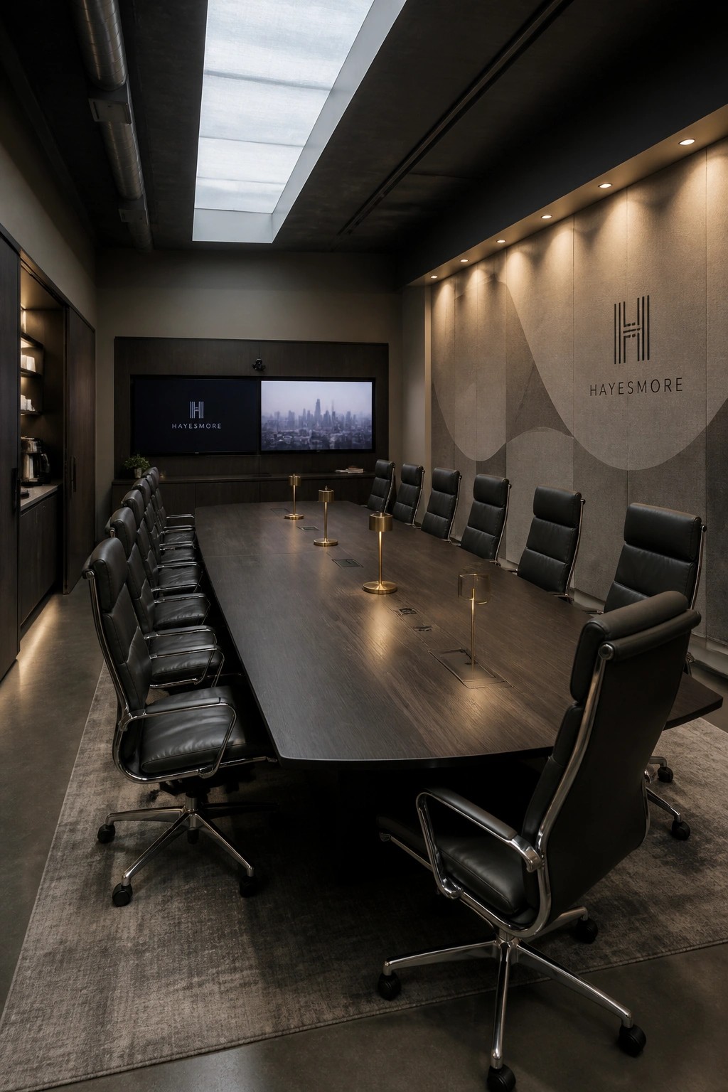 Modern conference room with long wooden table, black leather chairs, and Hayesmore logo wall