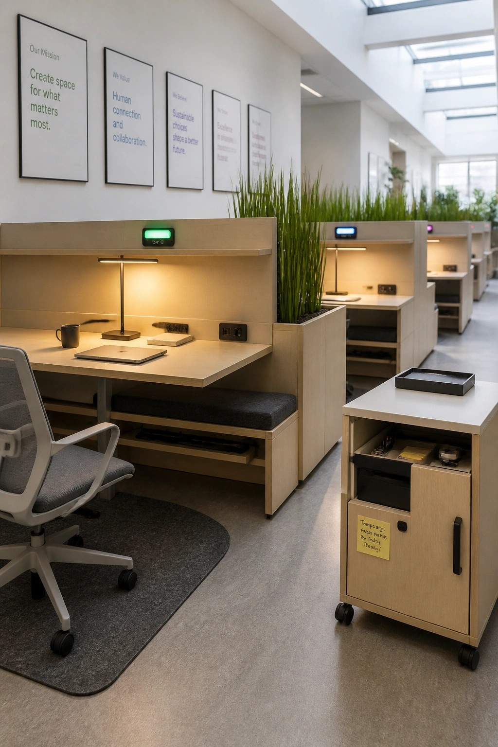 Modern office interior with rows of light wood workstations featuring individual task lamps, green indicator lights, and mission statement posters on the wall.