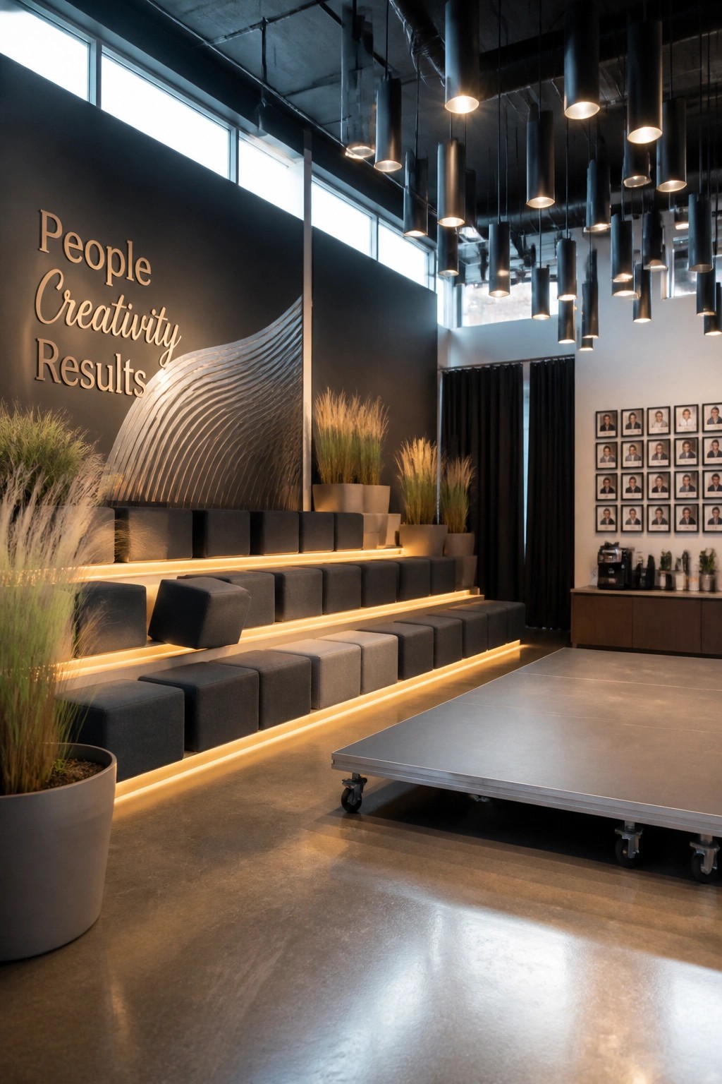 Modern office interior showing tiered modular seating with warm underlighting, a dark wall with text and metallic design, hanging cylindrical pendant lights, and a wheeled platform in the foreground.