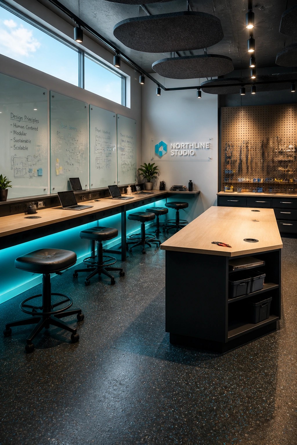 Modern design studio with wooden desks, black stools, blue lighting, whiteboards and tool pegboard.