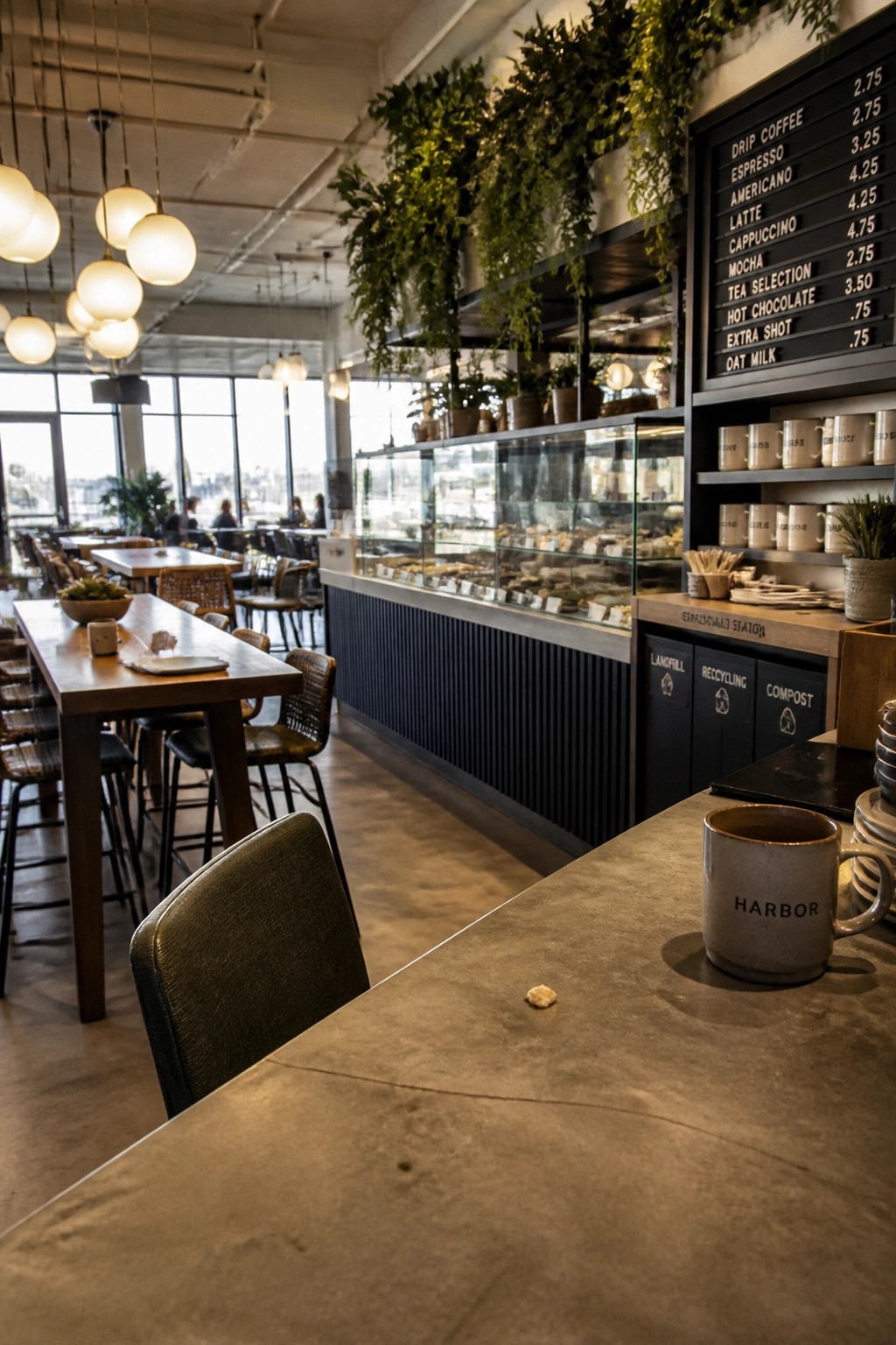 A modern cafe interior with a long concrete counter, a large menu board on the wall, and multiple shelves filled with hanging and potted plants above a glass display case.