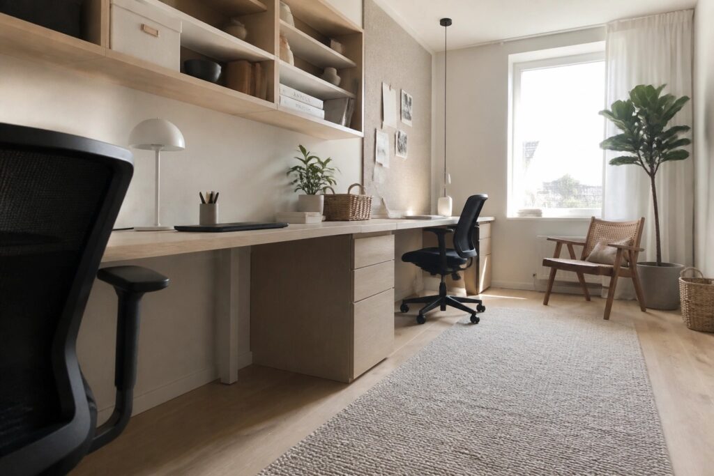 A home office featuring a long wooden desk along the wall with overhead shelves, a black rolling chair, and an armchair positioned near a window.
