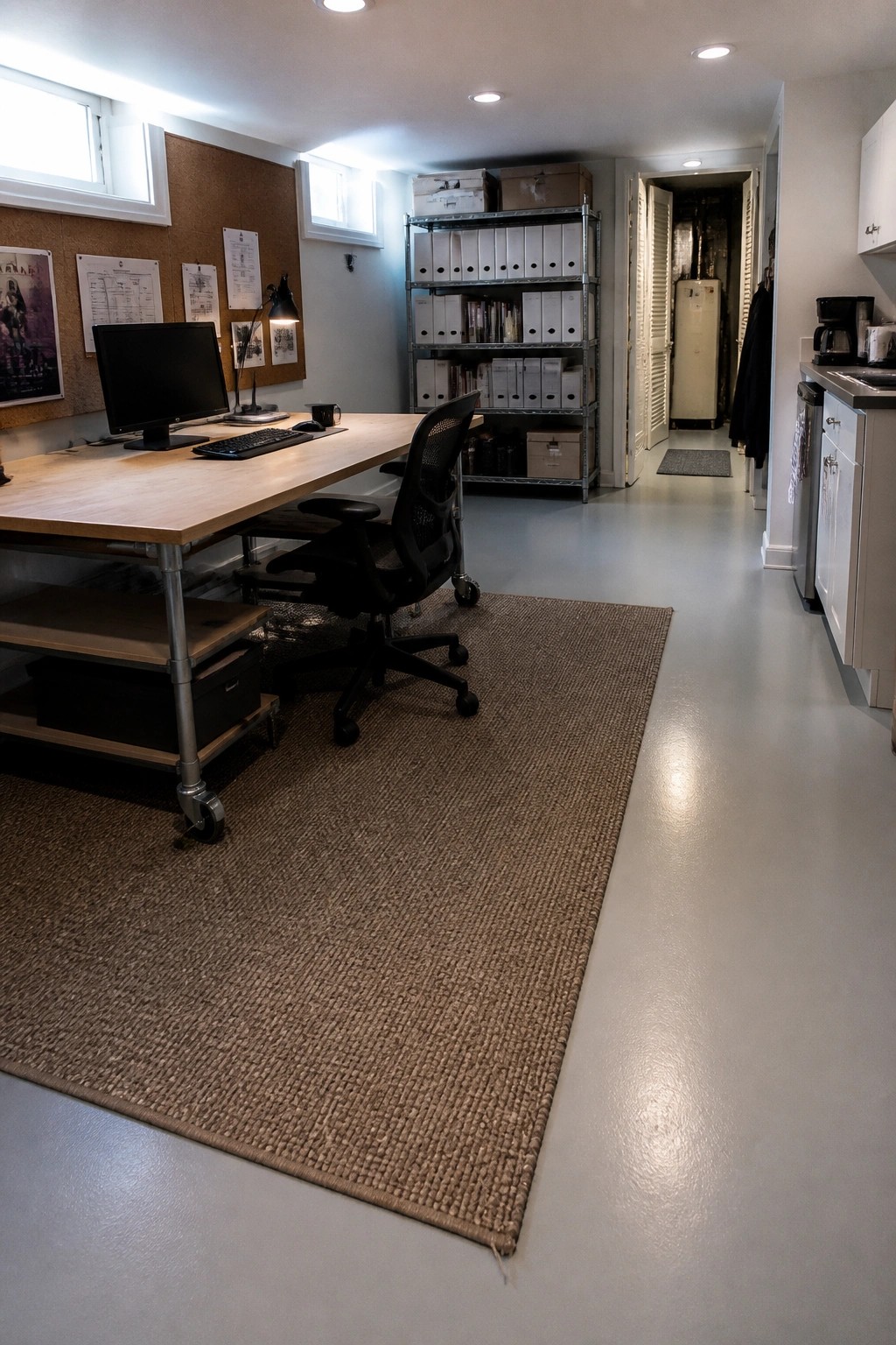 Office desk with monitor, black chair on woven rug, metal shelves of binders nearby
