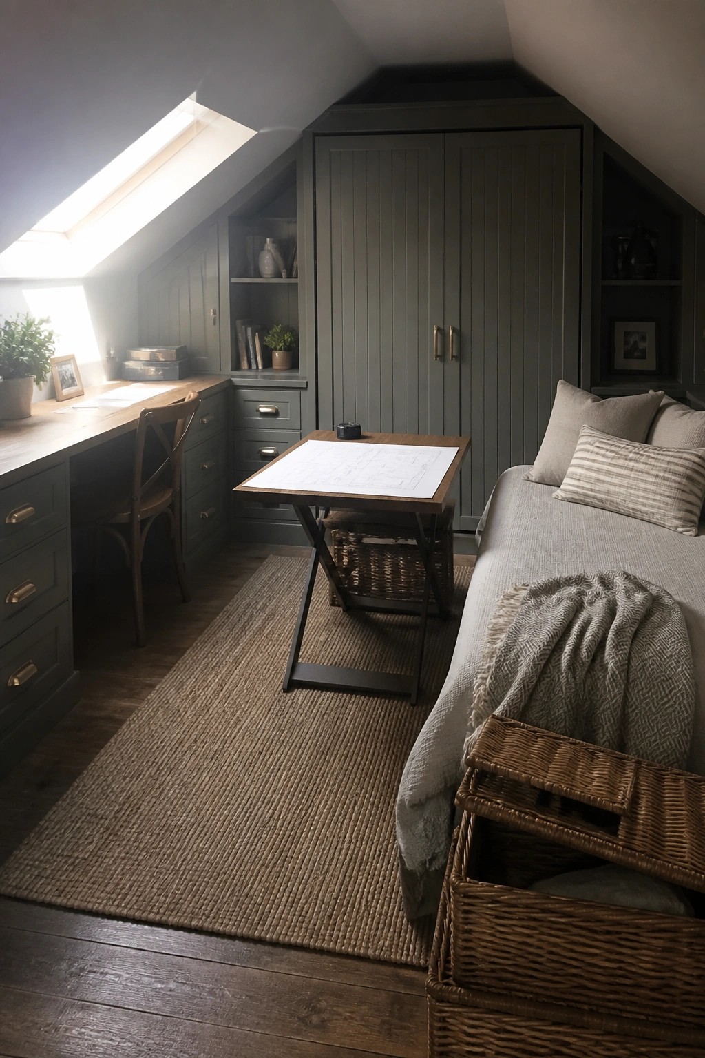 An attic room with green built-in cabinetry, a wooden desk under a skylight, a central work table on a rug, and a bed with pillows on the right side.