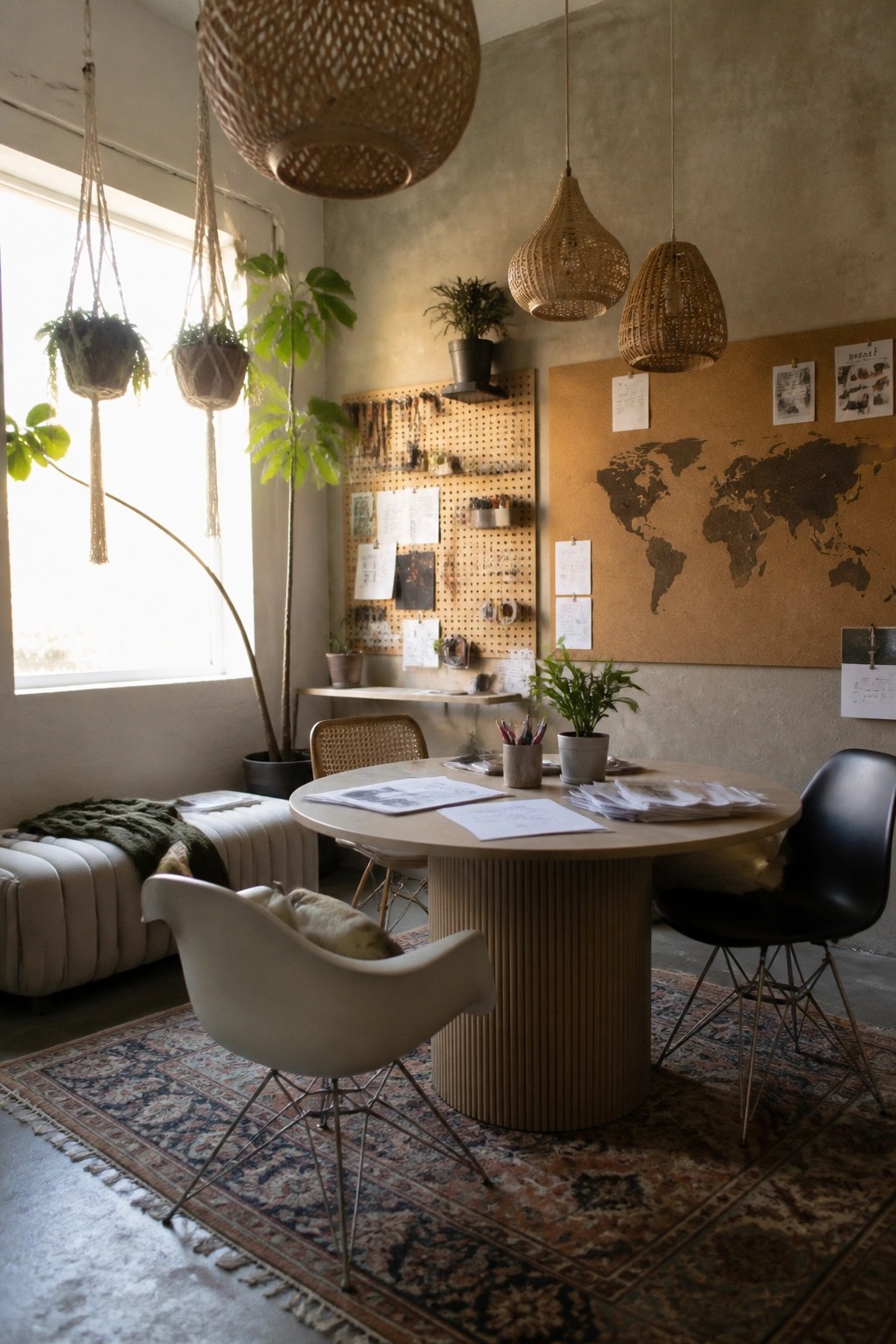 Boho workspace with round wooden table, woven lamps, plants, pegboard, and world map.