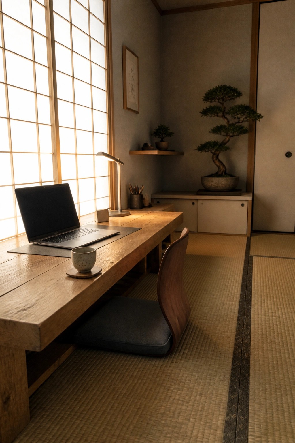 A low wooden desk with a laptop and cup sits on tatami mats next to a shoji screen window in a minimalist room.
