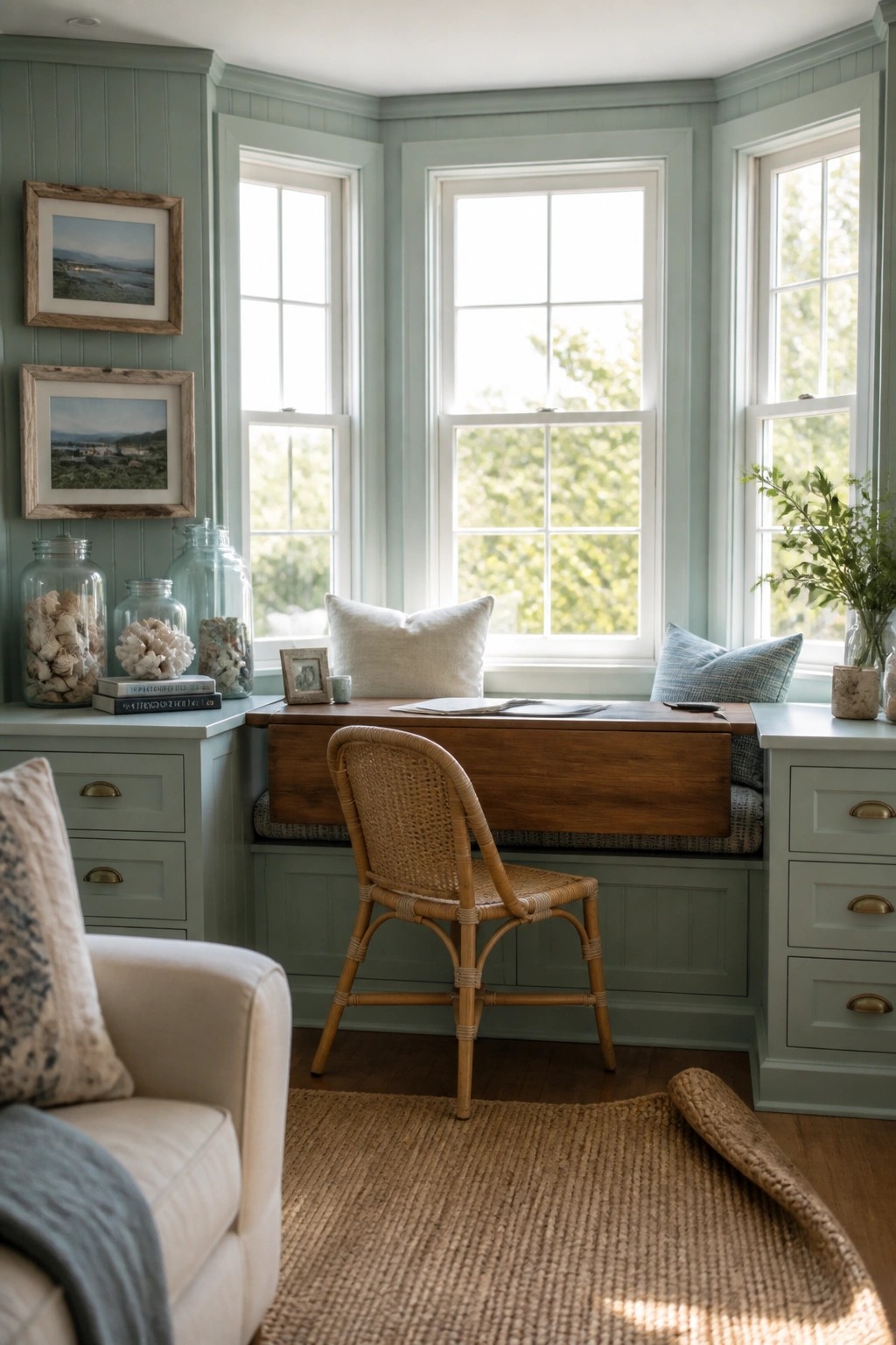 An office nook in a bay window features a wooden desk surface over a cushioned bench, a woven chair, and built-in side cabinets.