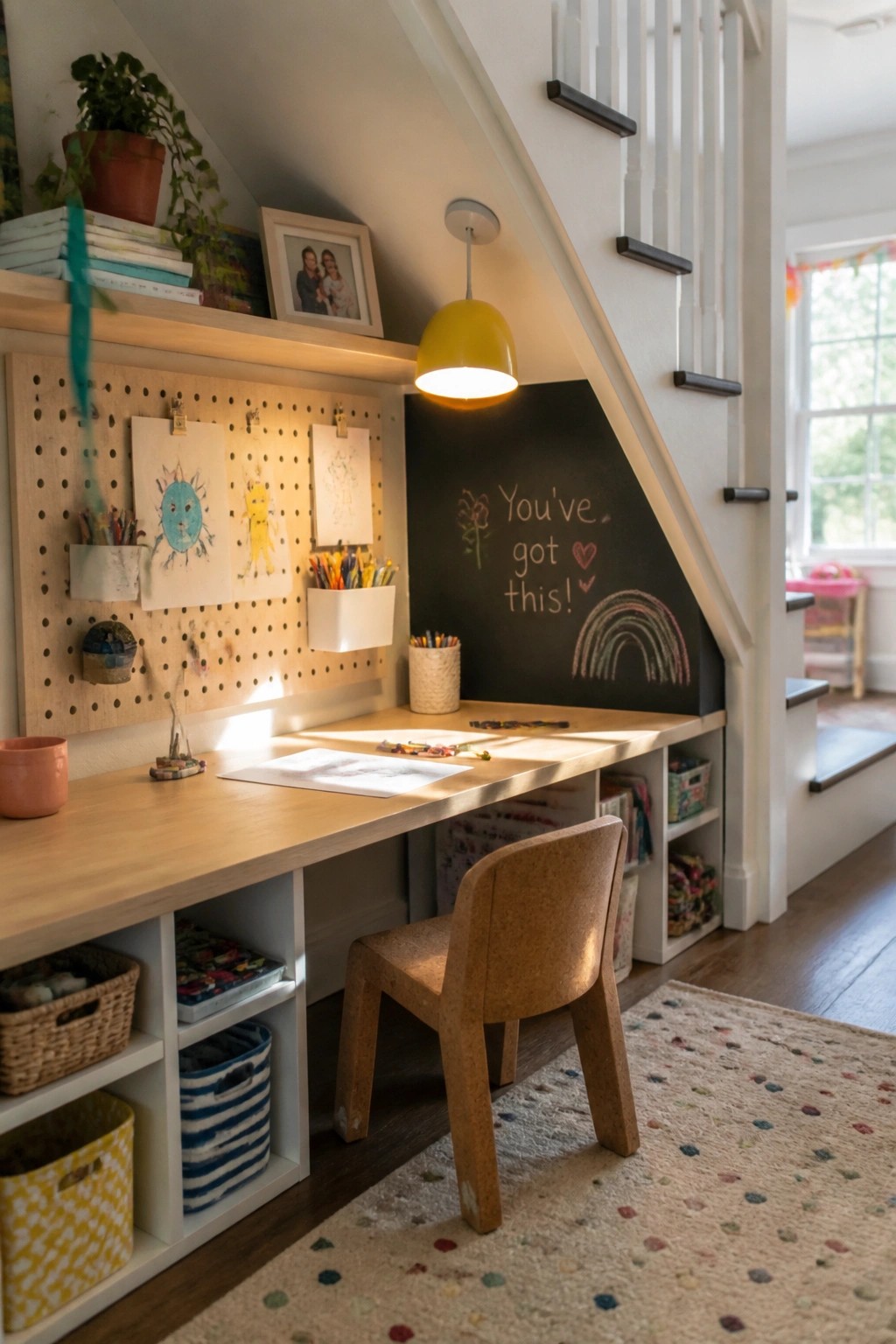 A built-in wooden desk under a staircase with pegboard, chalkboard, cubby storage, and a small chair.