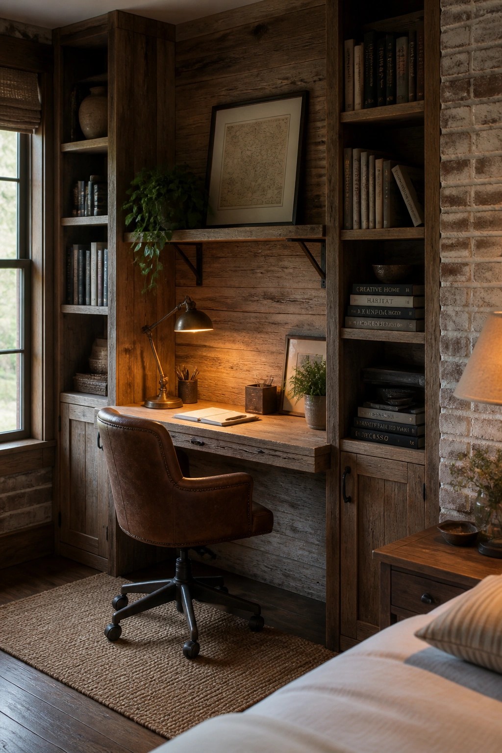 A wooden built-in desk and shelving unit fills a home office alcove with books, a desk lamp, and a brown leather swivel chair.