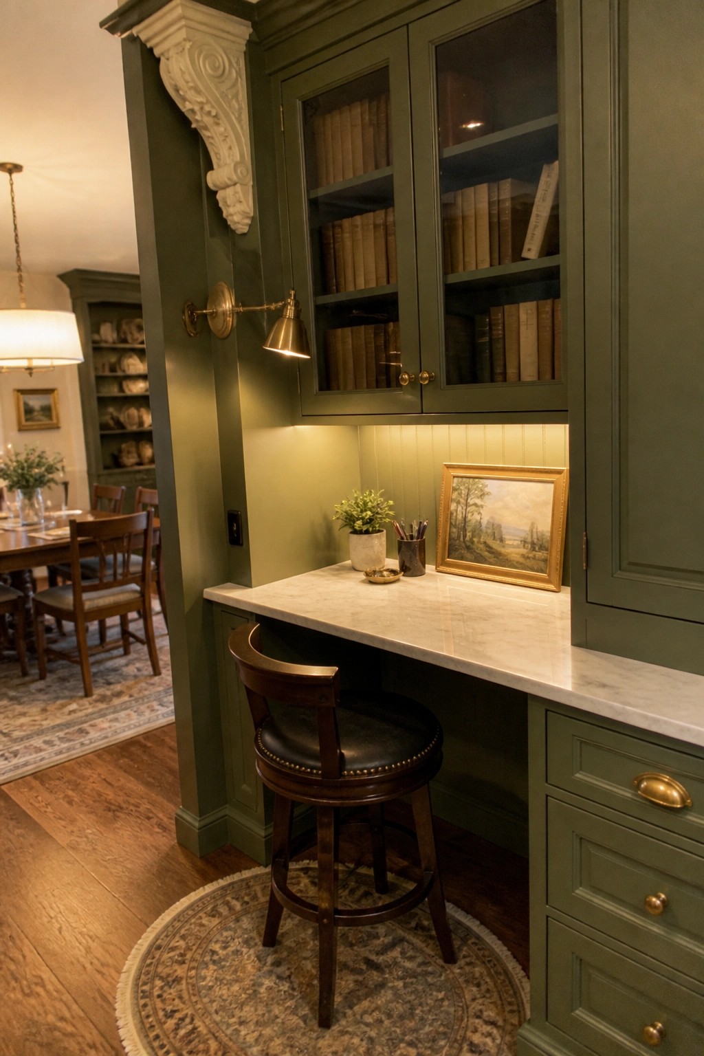 A built-in green cabinet desk nook with marble countertop, upper glass-front book cabinets, a dark wood swivel stool, and a small framed picture on the desk surface.