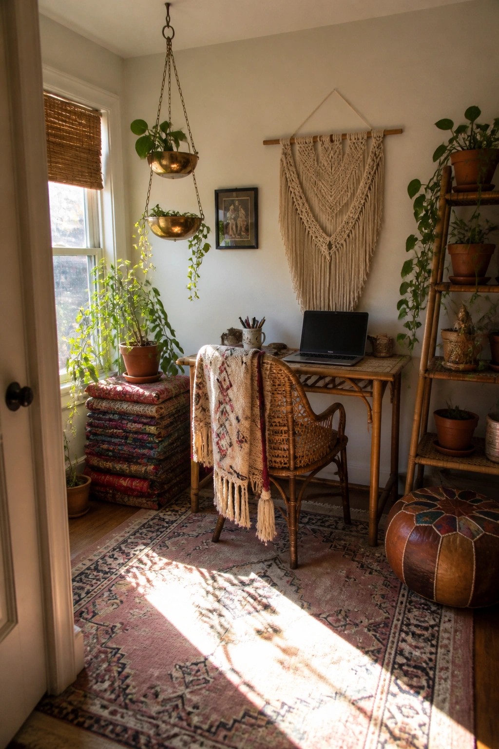 A home office nook in a corner with a wooden desk, wicker chair, laptop, hanging brass planters, potted plants on shelves, macrame wall hanging, and a window with bamboo shade.