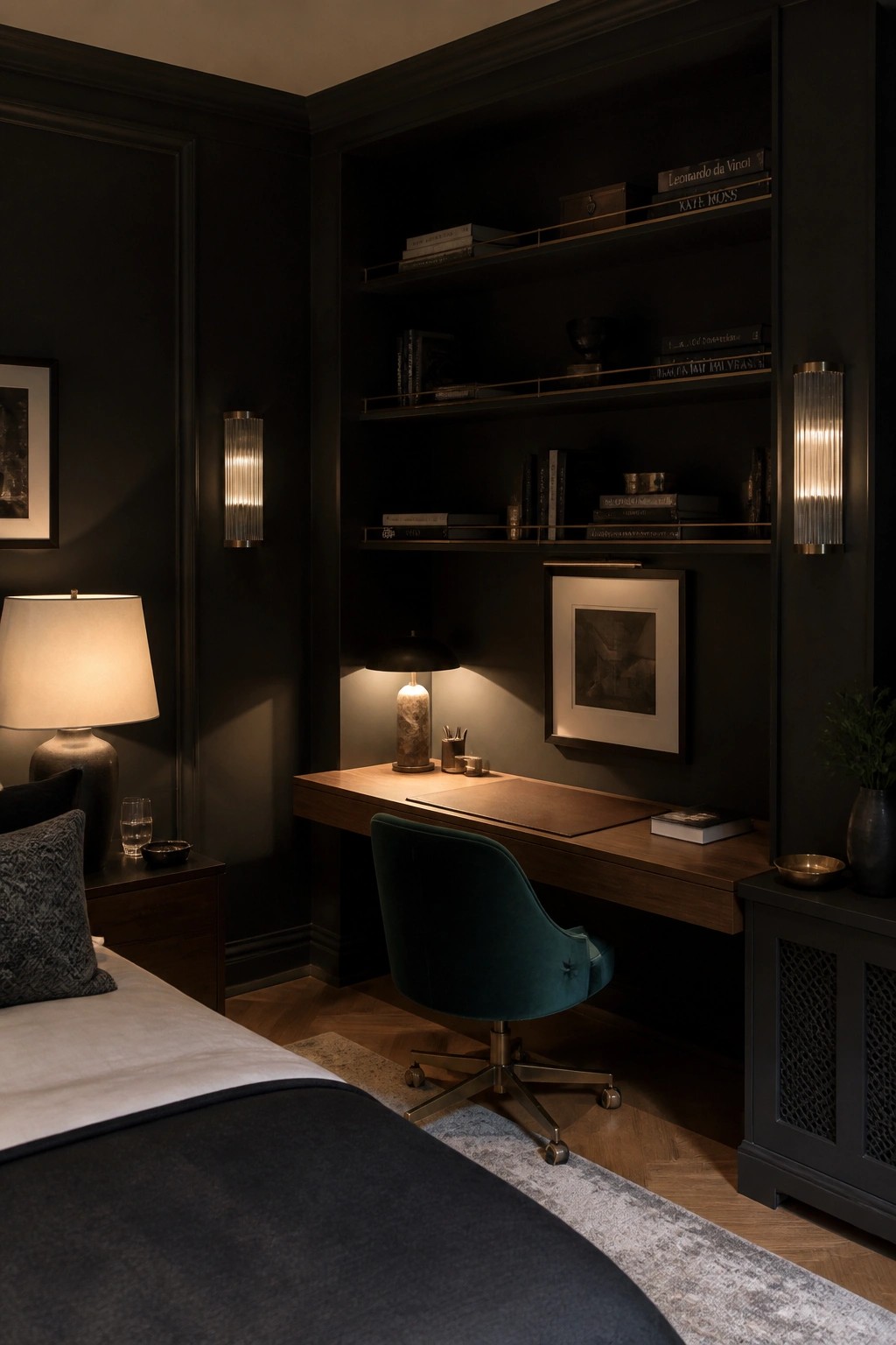 A wooden desk with built-in shelves above it is set into a dark alcove, with a teal swivel chair in front and wall sconces on either side.