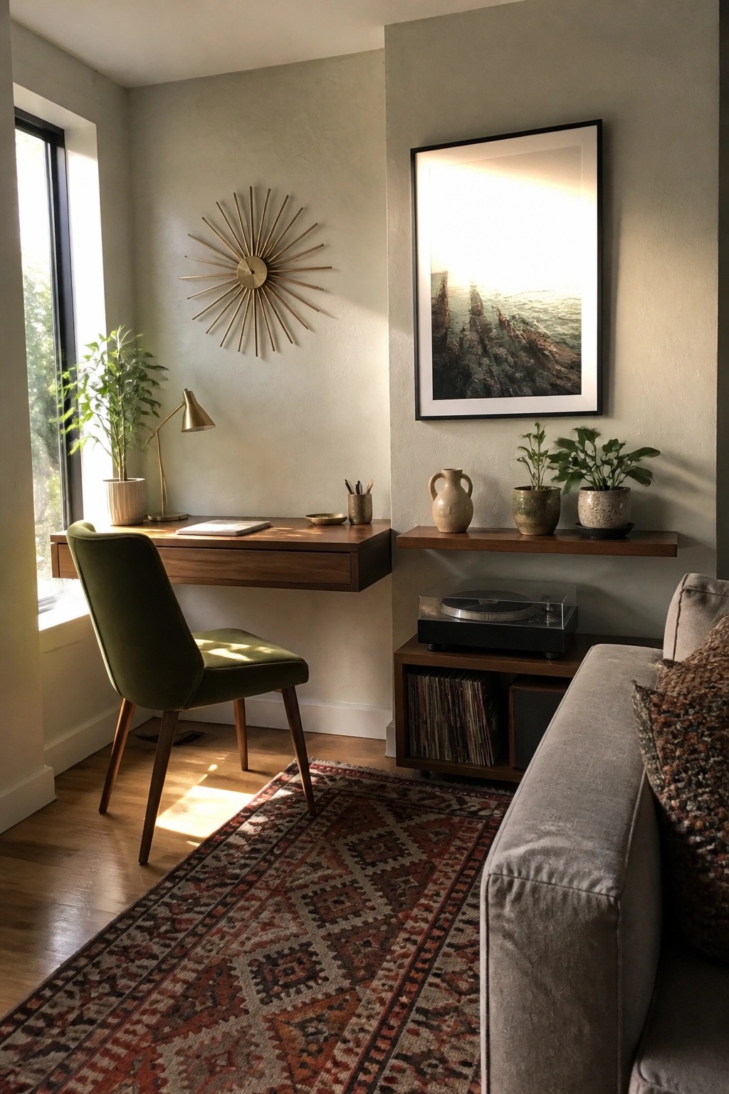 A corner workspace with a wall-mounted wooden desk, green chair, sunburst clock, and large window with natural light.