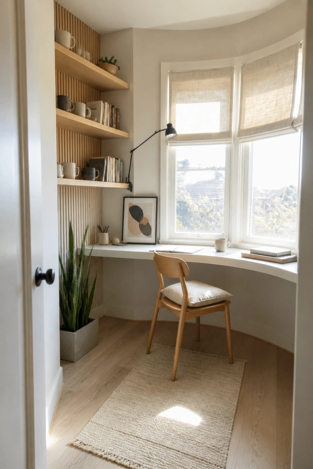 A compact home office nook featuring wooden floating shelves on a slatted wall, a white curved desk beneath bay windows, a wooden chair on a woven rug, and a potted snake plant on the floor.