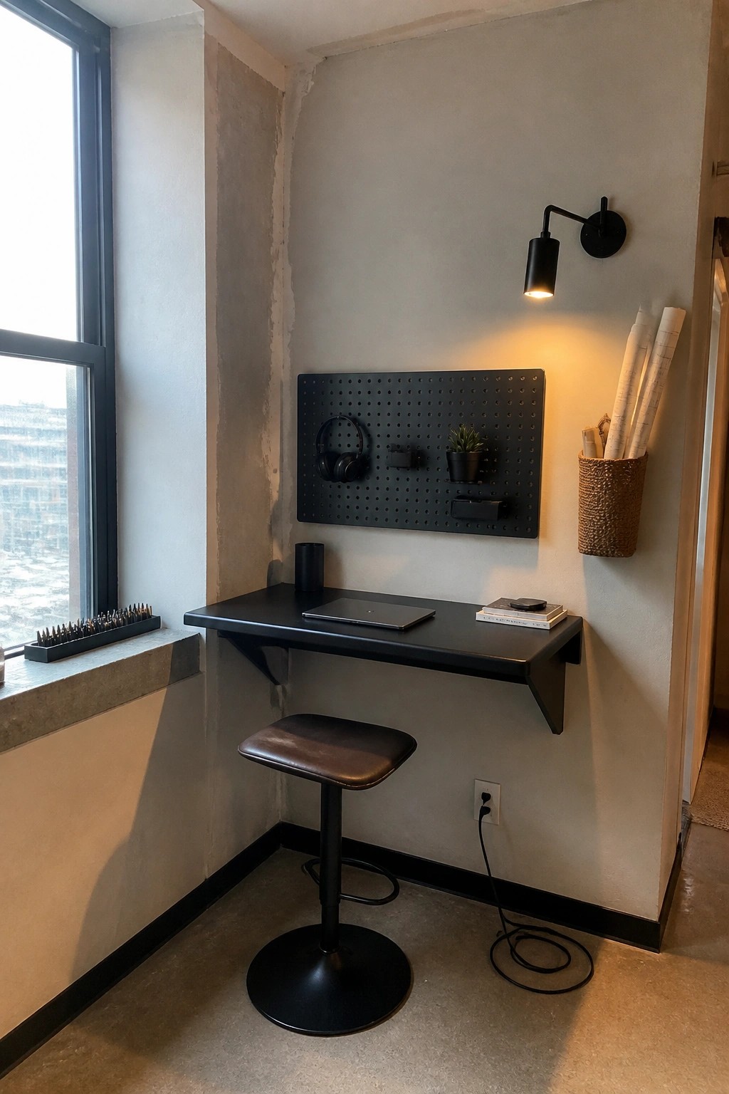 A compact black wall-mounted desk with a round stool sits in a corner below a pegboard holding headphones and a small plant, next to a window.