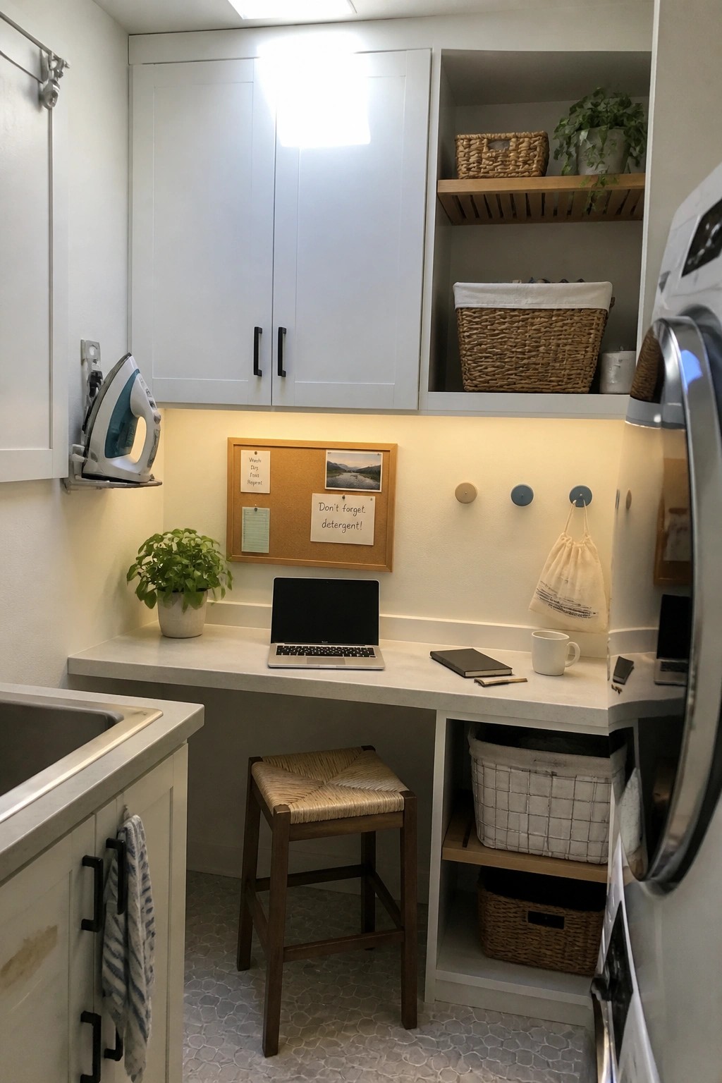 A laundry room corner with white cabinets, a long countertop holding a laptop and stool, a washing machine visible on the right, open shelves above, and a sink on the left.