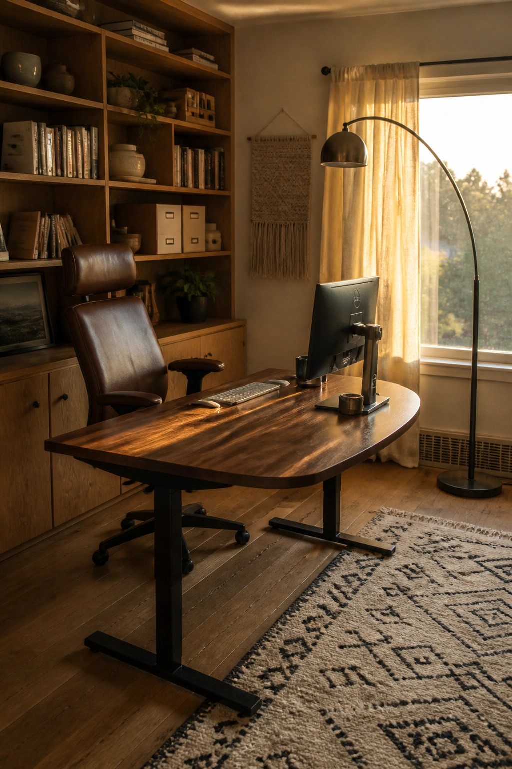 A home office featuring a wooden desk on a black adjustable base, a brown leather office chair, and a computer monitor positioned near a large window.