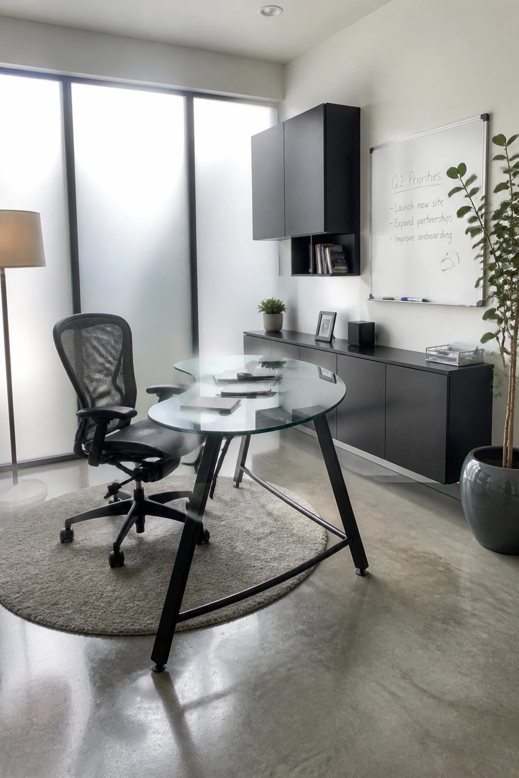 A black ergonomic mesh office chair at a round glass desk on a circular rug in a minimalist home office with large windows and a whiteboard on the wall.