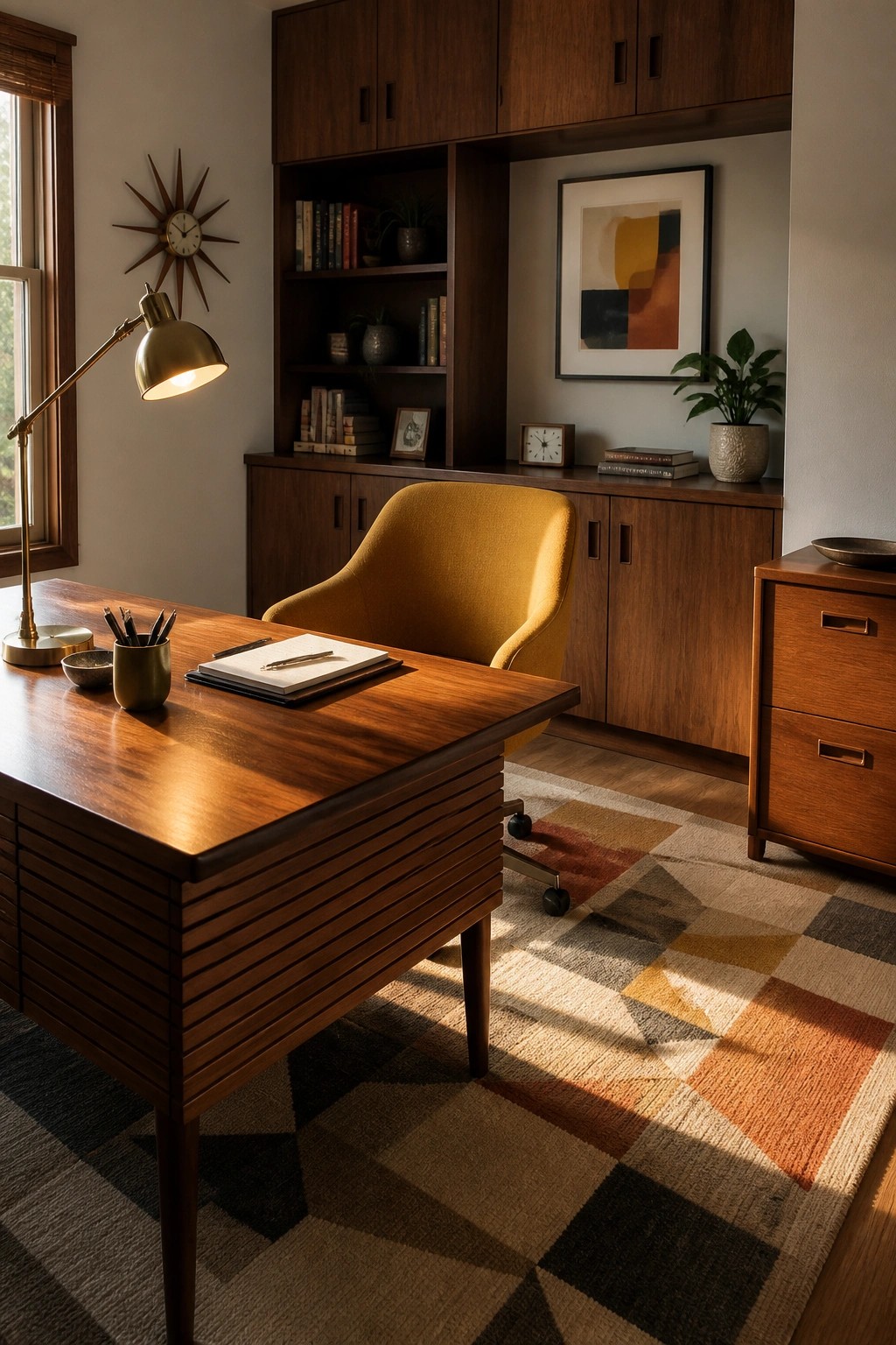 Mid-century modern office with wooden desk, yellow chair, and geometric rug.