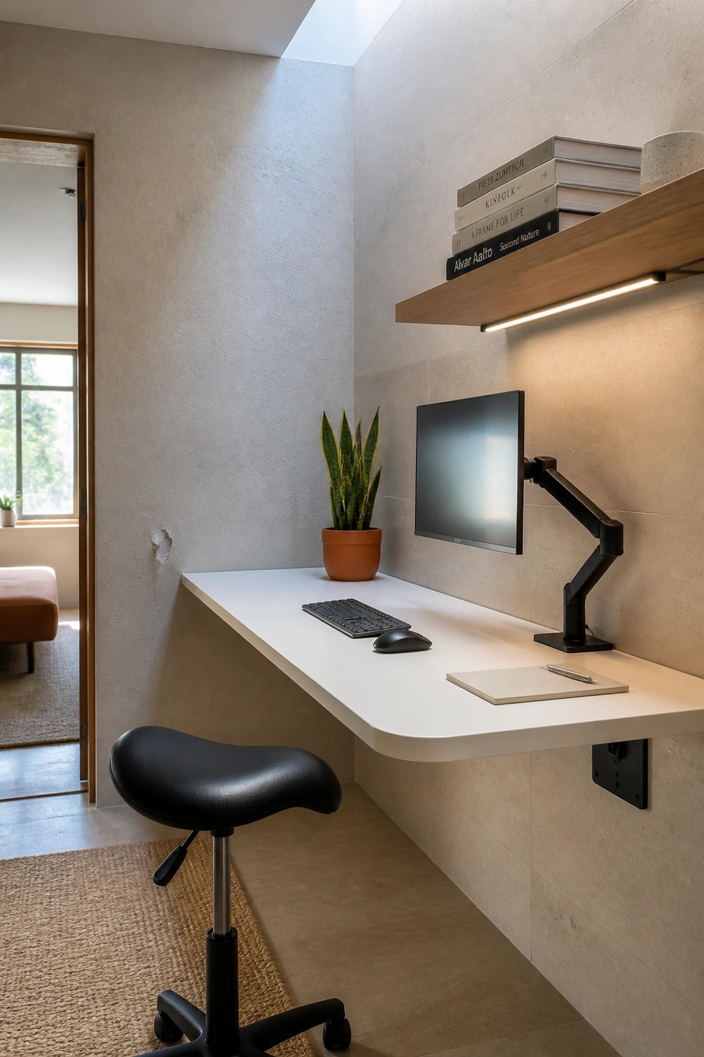 Minimalist white floating desk with monitor arm, keyboard, potted plant, black stool, and books.