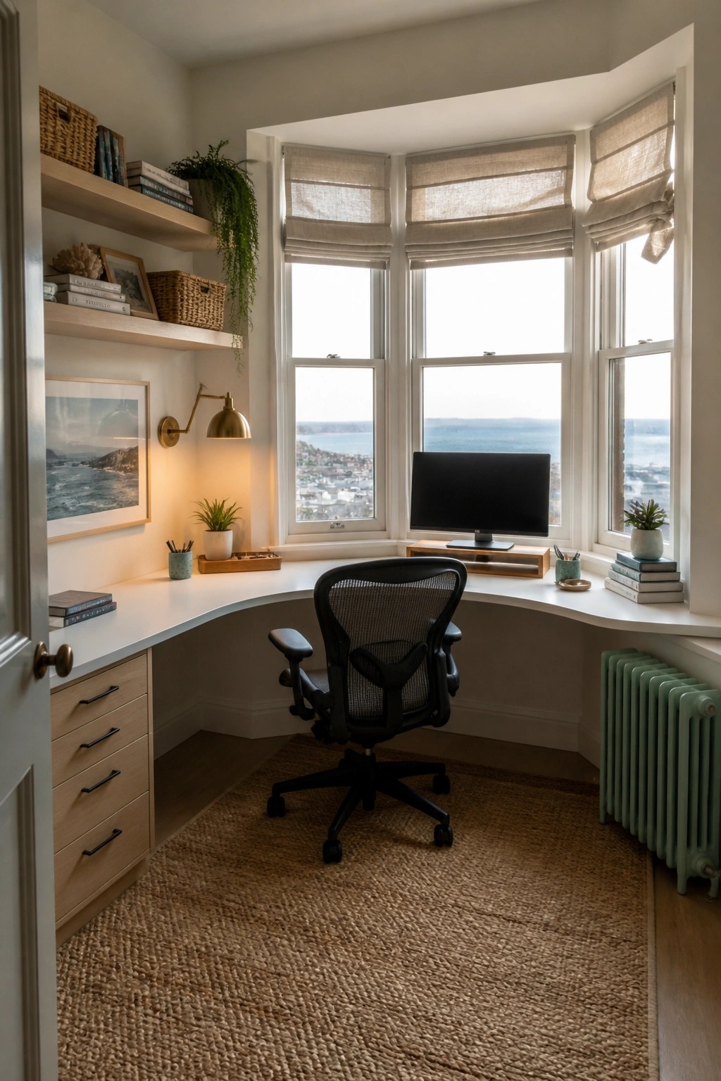 A home office features a curved white desk fitted into a bay window with three panes, a black ergonomic office chair centered in front, and floating shelves on the left wall.