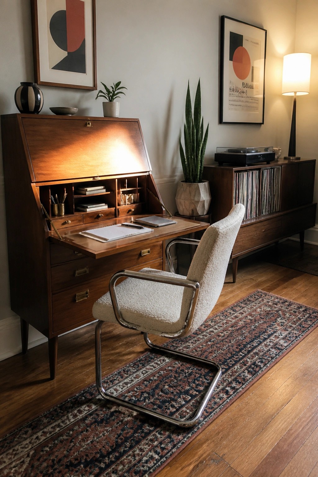A wooden drop-front desk is open to show interior shelves and drawers, with a white upholstered chair pulled up in front on a patterned rug.