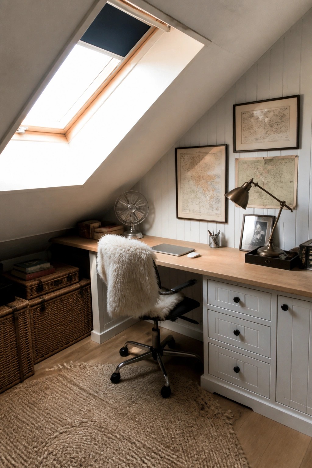 An attic office features a long wooden built-in desk under a skylight, with white cabinetry below, a rolling chair, and wicker storage baskets on the left.