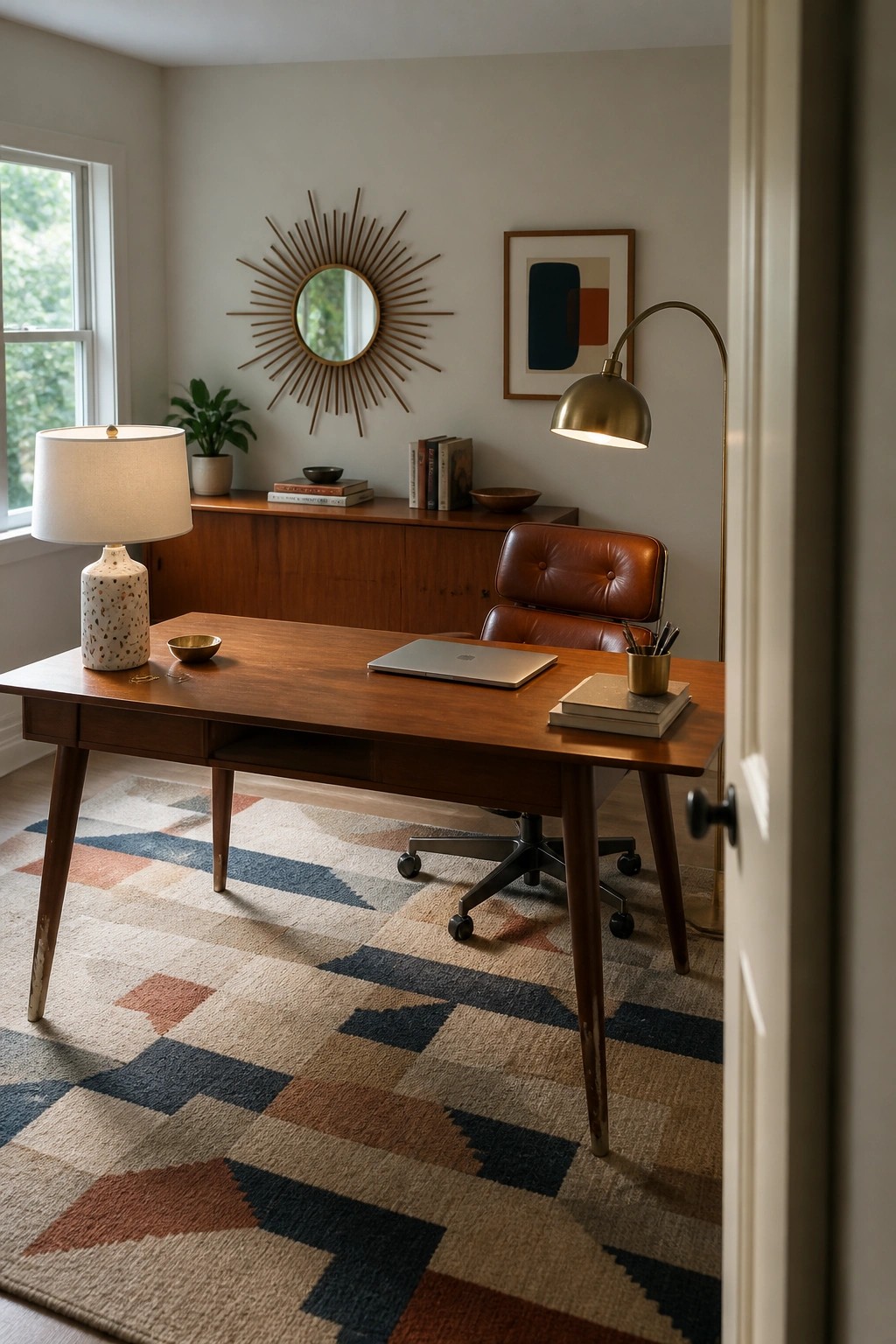 A wooden desk with a brown leather office chair sits on a large geometric patterned rug in a neutral room with a table lamp and floor lamp.