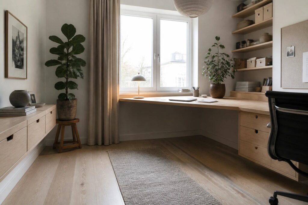 A narrow home office with a long light wood desk under a window, built-in light wood shelving and cabinets on the back wall, a black swivel chair, and a woven runner rug on the floor.