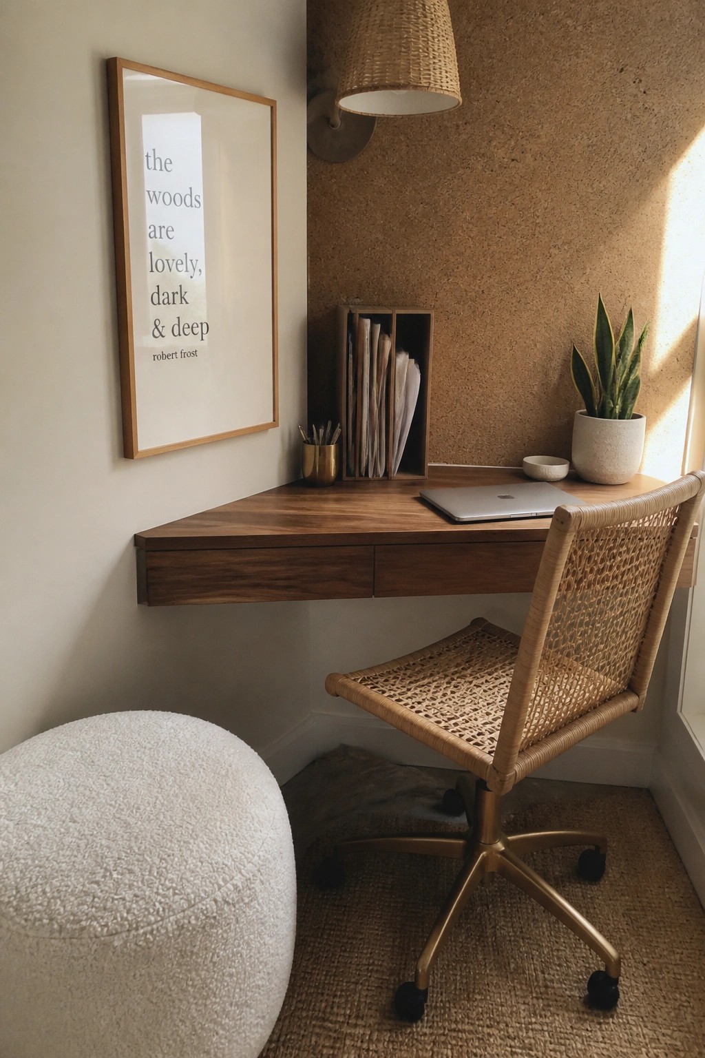 A wooden floating desk mounted in a corner with a woven chair, laptop, and small plant on top.