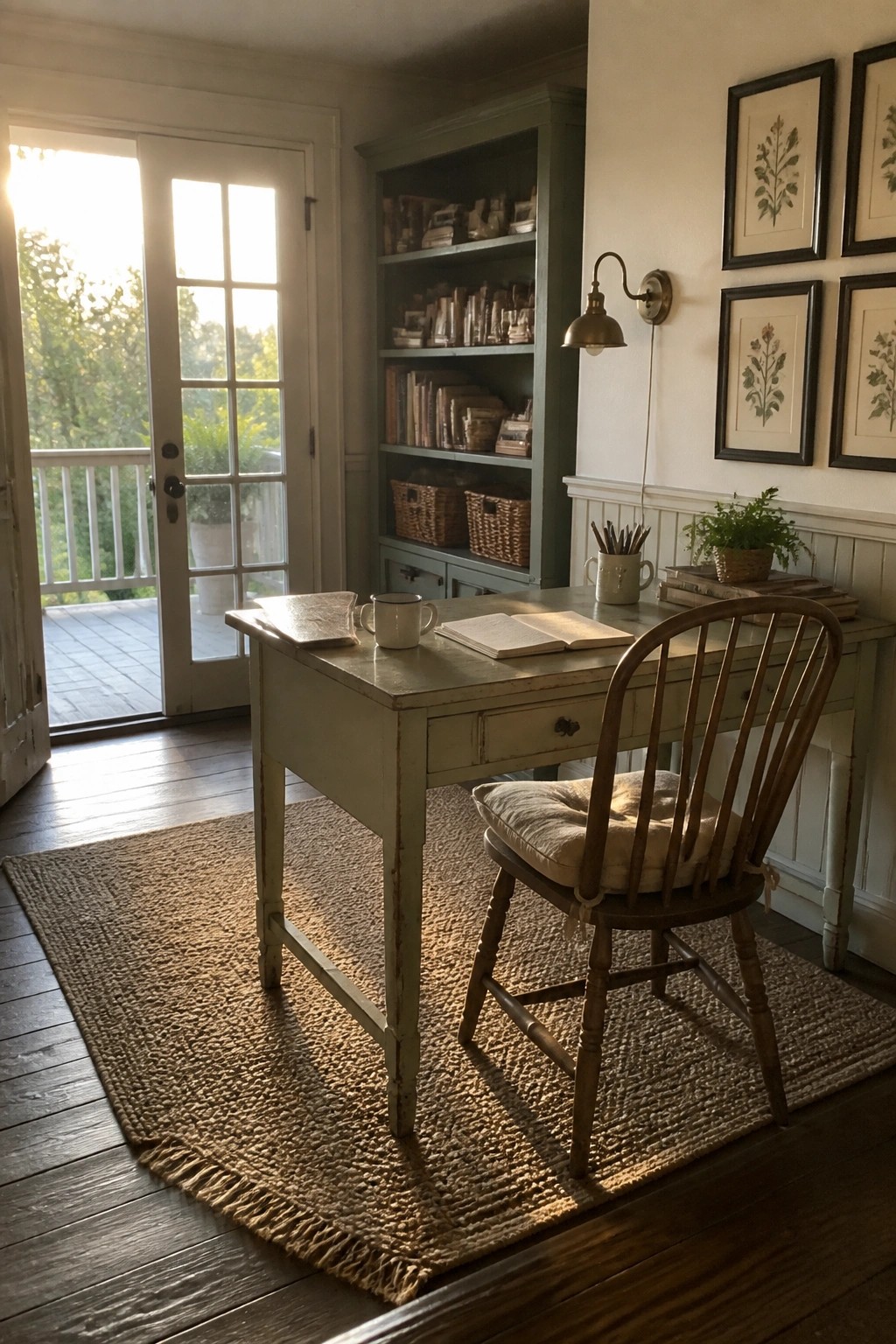 A light green desk with an open book and mug sits on a woven rug beside a tall green bookshelf filled with books, next to a wooden spindle chair and French doors.