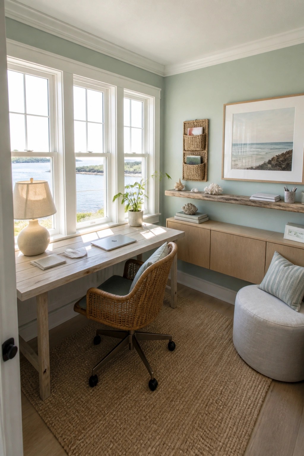 A home office features a light wood desk placed beneath three large windows, with a woven swivel chair and a long low storage cabinet along the adjacent wall.