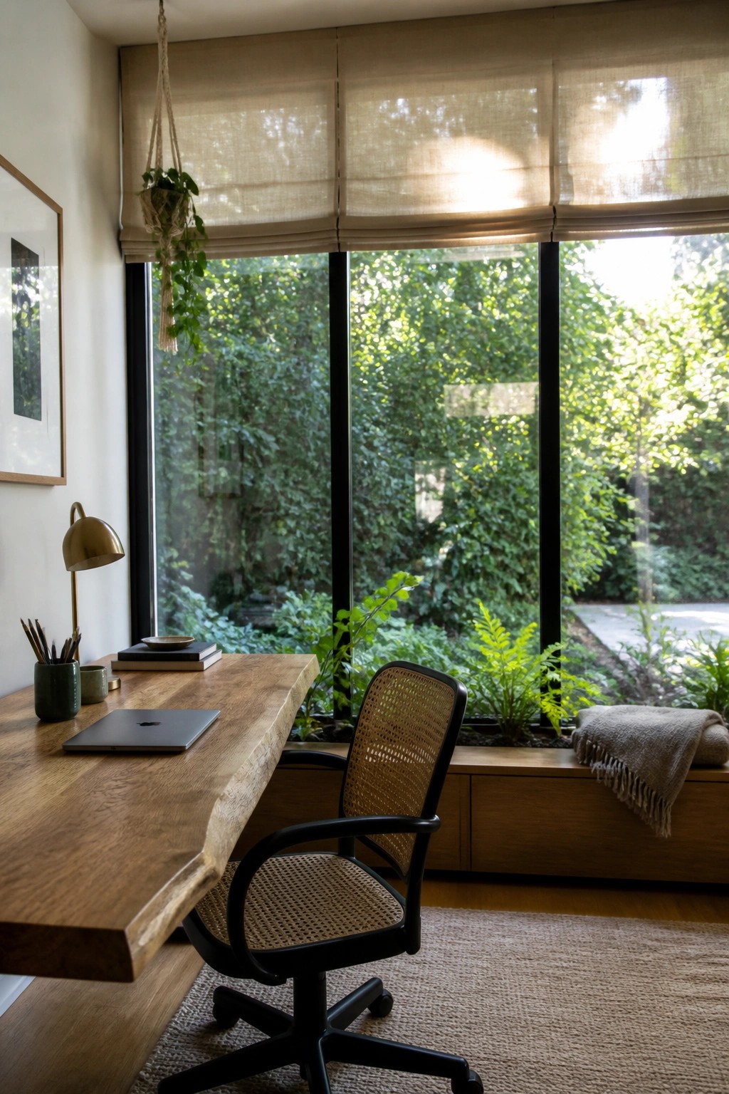 A home office with a wooden desk and woven chair facing large windows that overlook a garden.