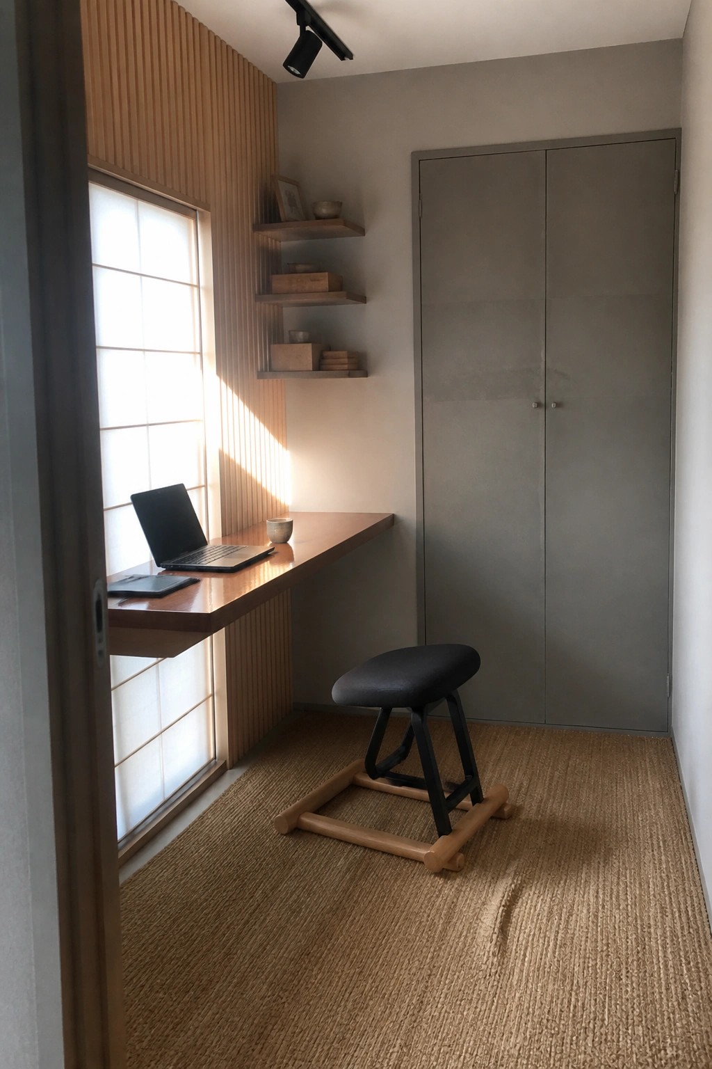 A narrow indoor office with a wooden wall-mounted desk under a window, a laptop on the desk, floating shelves above, a black stool on a woven rug, and a tall gray double cabinet on the opposite wall.