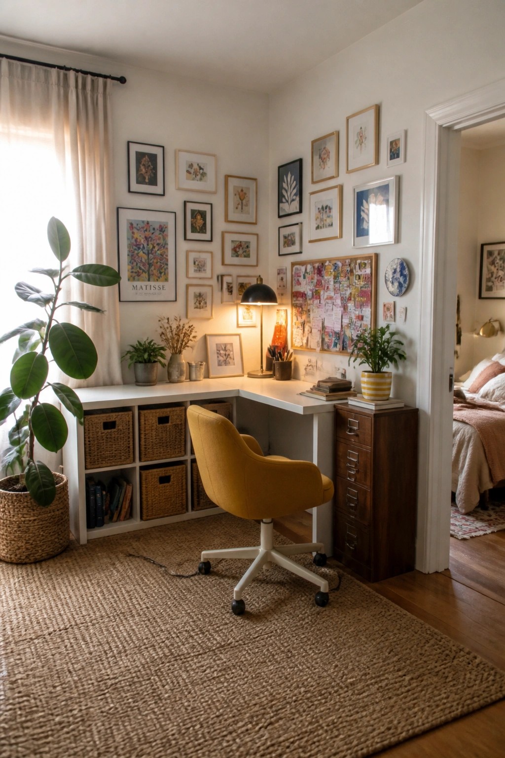 A corner home office with an L-shaped white desk, yellow upholstered chair, woven baskets in cubbies underneath, and framed art on the wall above.