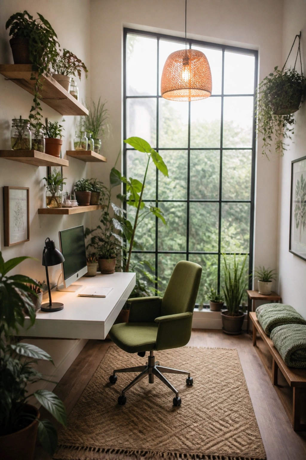 A home office with a white desk, green swivel chair, wooden floating shelves filled with plants, and a large window overlooking trees.