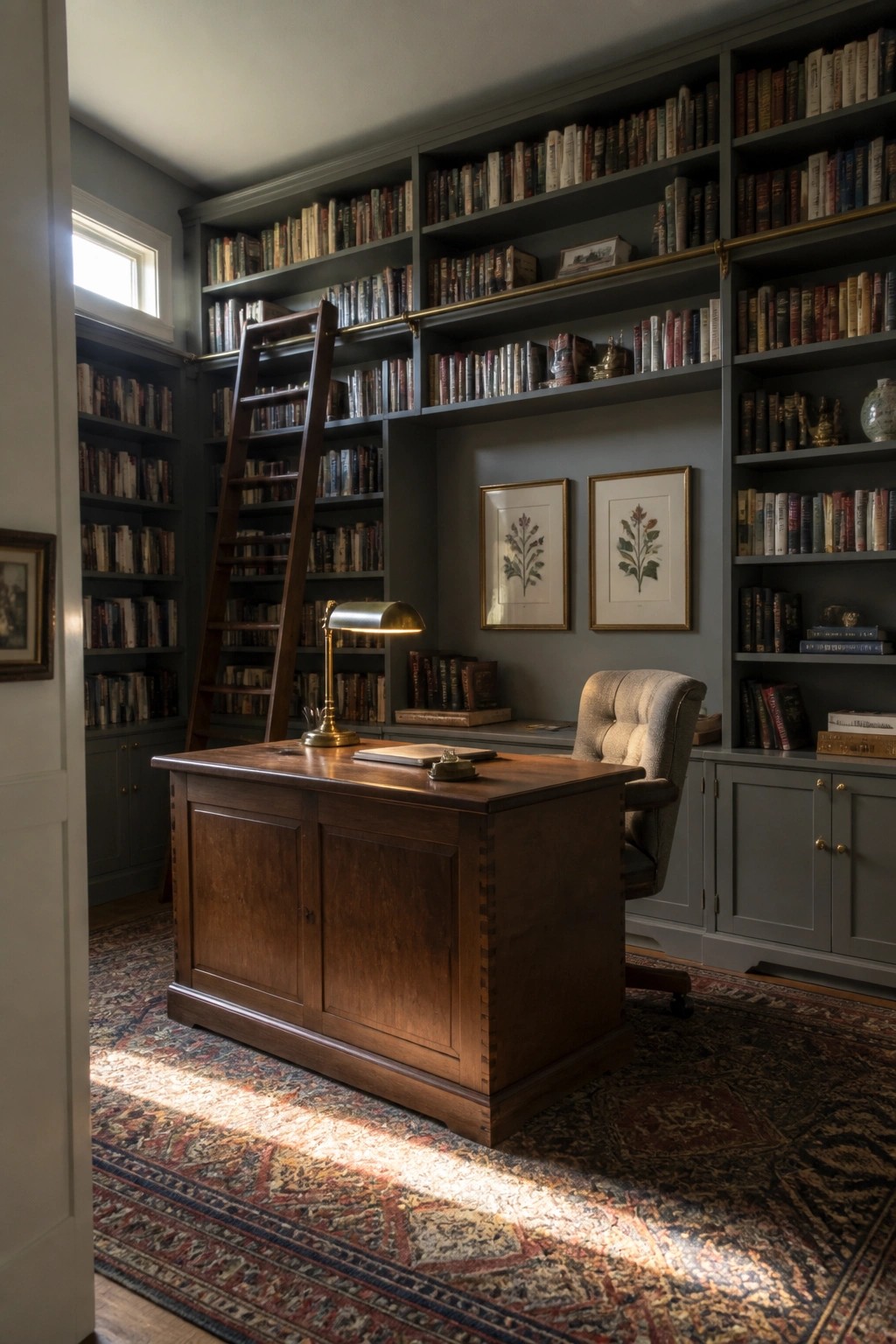 Elegant study with wooden desk, lamp, bookshelves, library ladder, and sunlit rug