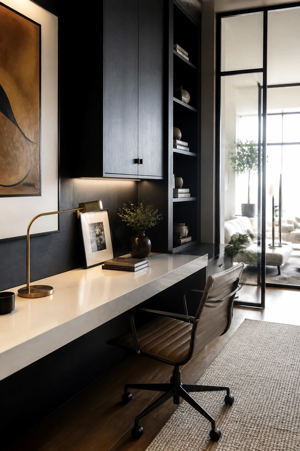 A modern home office with a long white desk, dark built-in cabinetry and shelves, a brown leather swivel chair, and minimal desk accessories against a dark wall.