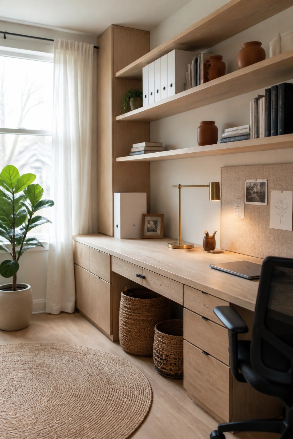 A light wood built-in desk and shelving unit in a home office, with drawers below, open shelves above, a laptop on the desk, and a potted plant near the window.