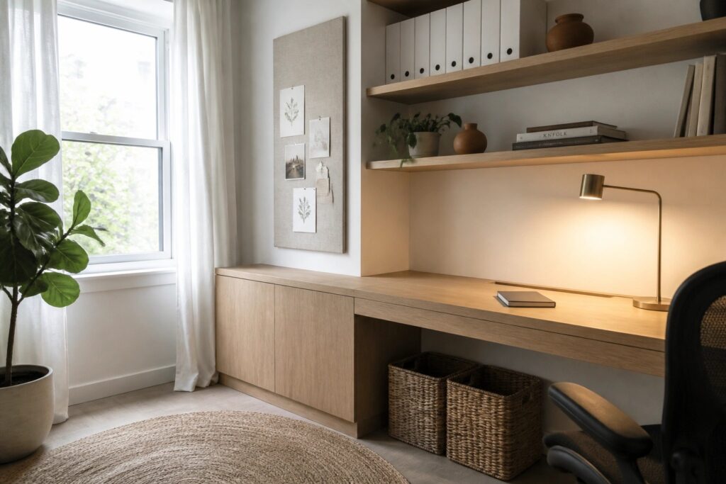 A light wood built-in desk and shelving unit in a home office, with drawers below, open shelves above, a laptop on the desk, and a potted plant near the window.