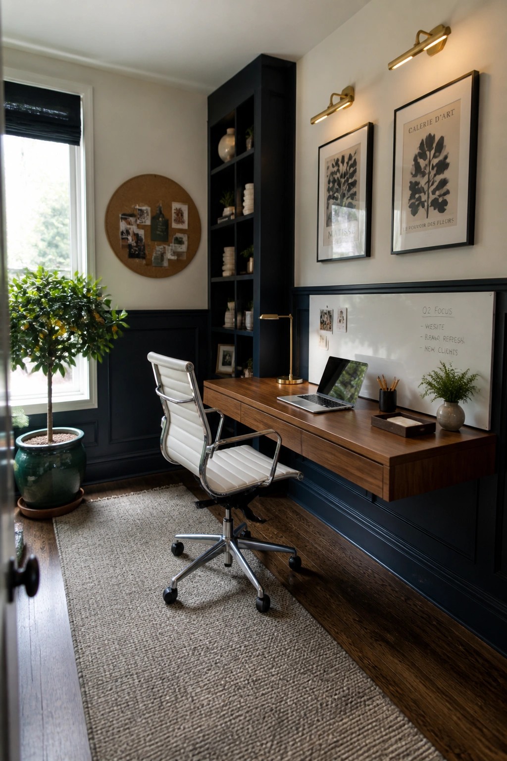 A home office with a long floating wooden desk mounted on a dark paneled wall, a white leather office chair on a woven rug, a whiteboard above the desk, and a tall black bookshelf unit to the side.