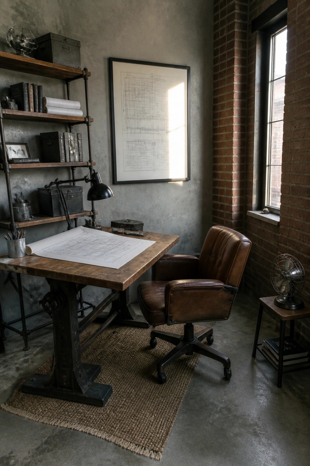 A home office featuring a large wooden industrial desk with a brown leather swivel chair on a jute rug, metal shelving on a concrete wall, and a framed blueprint hanging above the desk.
